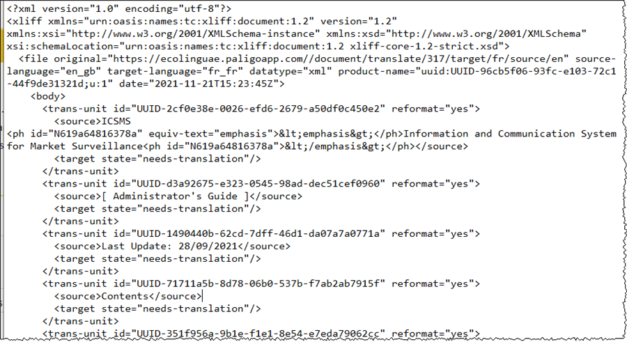 Screenshot of an XLF file in Trados Studio showing the beginning of the file with XML version and encoding declaration, source and target language specifications, and multiple trans-unit entries marked as 'needs-translation'.