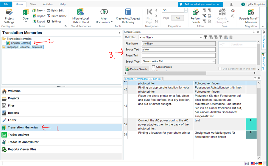 Trados Studio Translation Memories view showing a search for the word 'photo' with 5 results in the English-German TM.