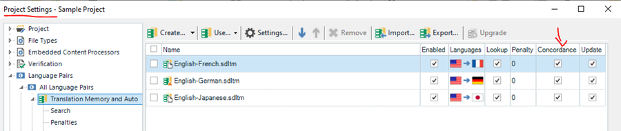 Project Settings in Trados Studio showing the English-German language pair with concordance search enabled.