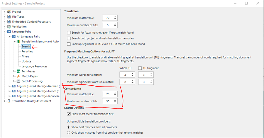 Search settings in Trados Studio with default concordance search options set, including minimum match value of 70.