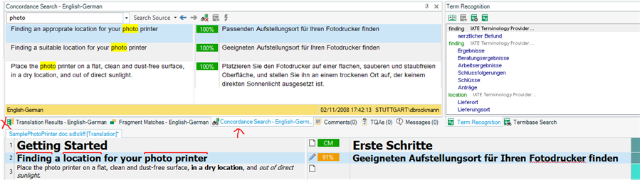 Concordance search results in Trados Studio editor view showing matches for the term 'photo printer' in English-German TM.