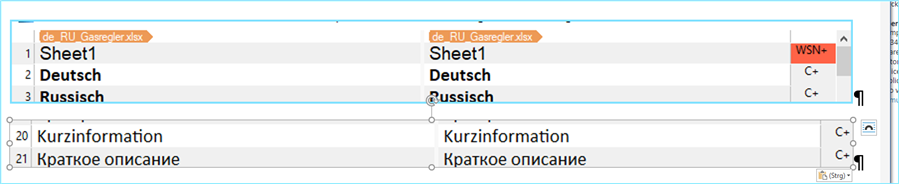 Screenshot of Trados Studio showing an Excel file with a single sheet named 'Sheet1'. The left side displays source language 'Deutsch' and 'Russisch' with corresponding translations on the right. A warning symbol 'WSN-' is visible in the top right corner.