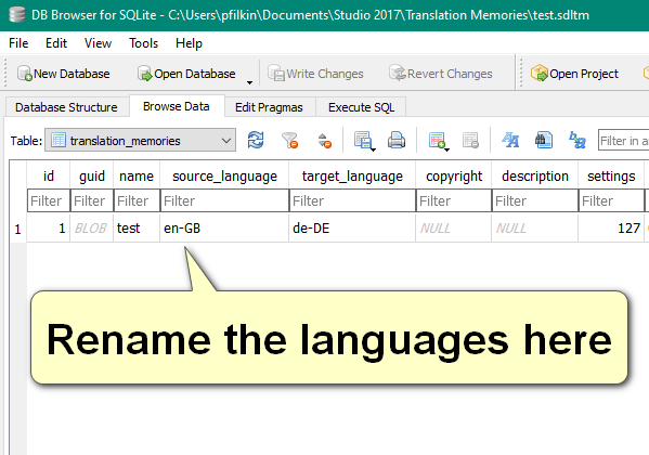 Screenshot of DB Browser for SQLite showing a table with columns for id, guid, name, source_language, target_language, and others. A cell under source_language is highlighted with text 'en-GB' and an arrow pointing to it with text 'Rename the languages here'.