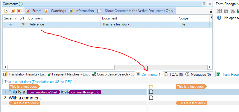 Trados Studio interface with a red arrow pointing from a 'Reference' comment in the Comments tab to the corresponding segment in the editor view.