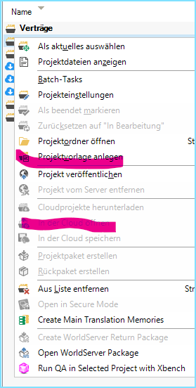 Trados Studio screenshot showing a list of project options with some options greyed out, indicating they are not selectable.