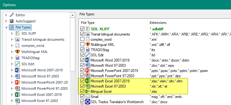 Trados Studio options showing file types with Microsoft Excel 2007-2019 and Bilingual Excel highlighted.