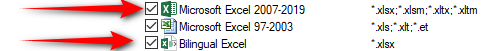Close-up of Trados Studio file types with arrows pointing to Microsoft Excel 2007-2019 and Bilingual Excel.