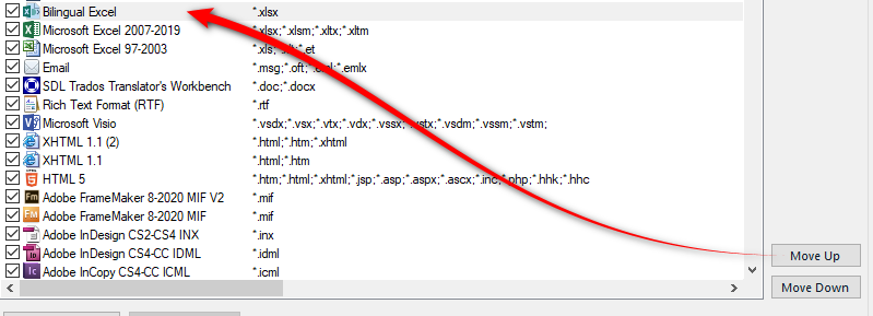 Trados Studio file types list with Bilingual Excel moved above Microsoft Excel 2007-2019 using the Move Up button.