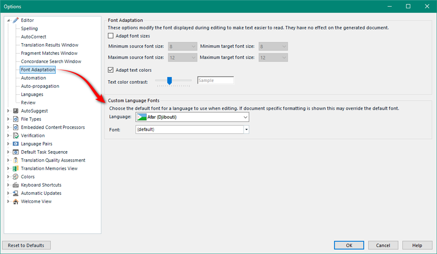 Trados Studio screenshot showing the Font Adaptation options with a red arrow pointing to Custom Language Fonts section, highlighting the Language dropdown menu set to Afar (Djibouti).