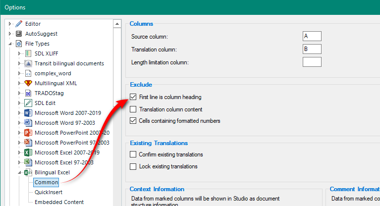 Trados Studio settings showing 'Bilingual Excel' options with 'First line is column heading' checked under the 'Exclude' section.