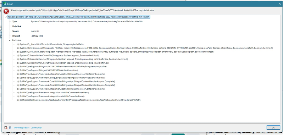 Error message in Trados Studio indicating a missing file path for a temporary file with a list of system file operations below it.