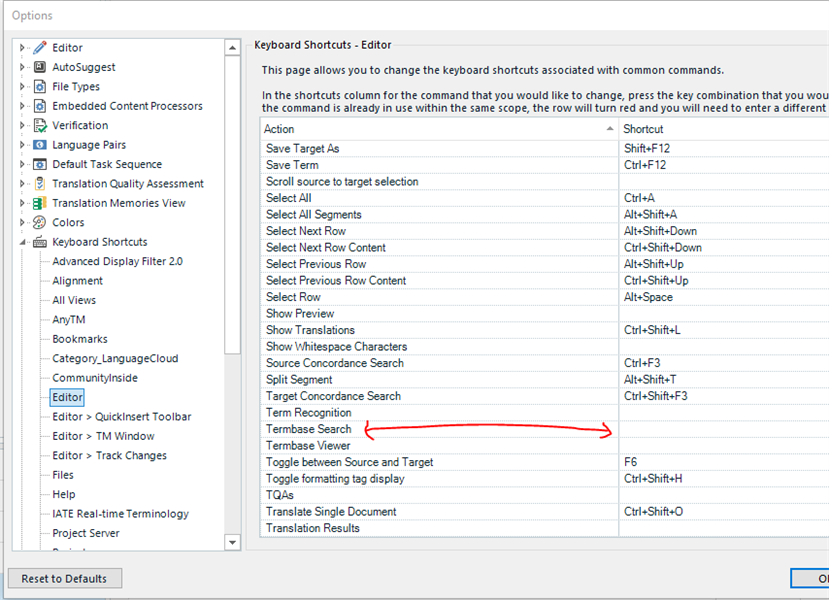 Trados Studio options menu with 'Editor' selected on the left pane and 'Keyboard Shortcuts - Editor' displayed on the right. A red arrow points to 'Termbase Search' with the shortcut F6 highlighted.
