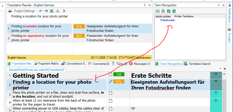 Trados Studio translation results window showing English-German translation. A red arrow points to 'Term Recognition' pane with the term 'photo printer' highlighted and its translation 'Fotodrucker'.