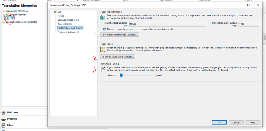 Screenshot of Trados Studio Translation Memories settings showing an upgrade warning icon next to 'LSP English-German' TM.