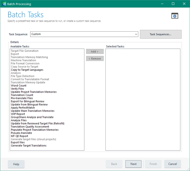 Screenshot of Trados Studio Batch Processing window showing a list of available tasks in 2021 including Target File Generation, Translation Memory Matching, and more.