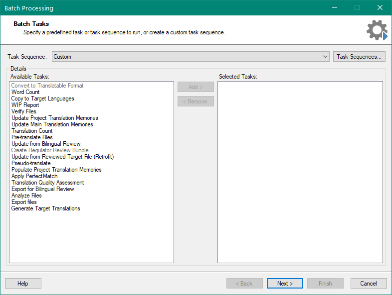 Screenshot of Trados Studio Batch Processing window displaying available tasks in 2015 such as Convert to Translatable Format, Word Count, and others.
