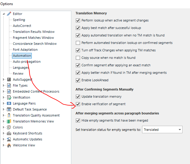 Trados Studio options menu with 'Enable verification of segment' checked under 'Verification' settings.