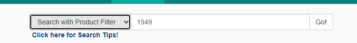 Screenshot of a search bar with 'Search with Product Filter' dropdown menu and input field containing '1949' with a 'Go!' button next to it. A link for 'Search Tips' is visible below.