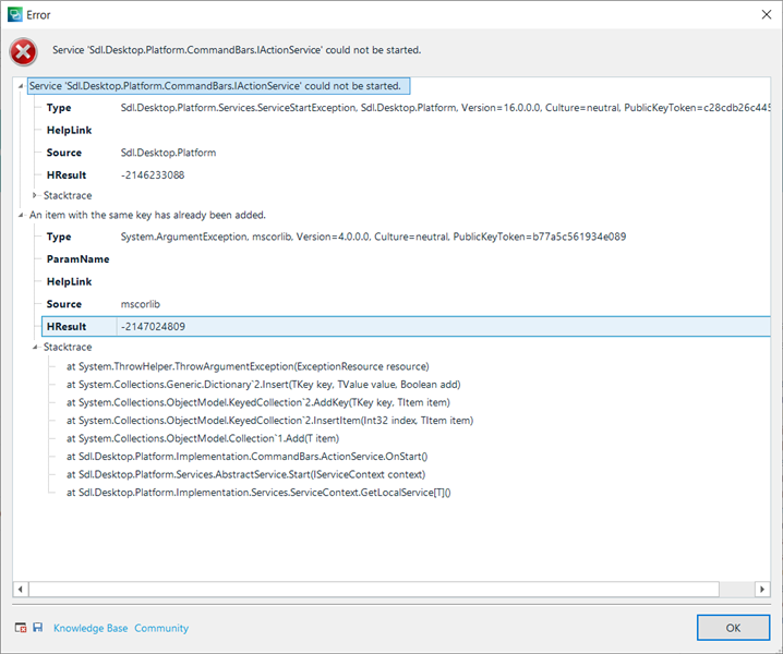 Error message window titled 'Error' with a red X icon, indicating that 'Sdl.Desktop.Platform.CommandBars.IActionService' could not be started. It includes details such as Type, HelpLink, Source, HRESULT, and Stacktrace with system exception information.