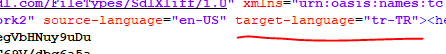 Screenshot of Trados Studio editor showing code with 'target-language="en-US"' underlined in red indicating an error or warning to change it to 'target-language="tr-TR"' for Turkish.