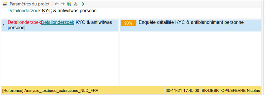 Screenshot of Trados Studio showing a partial concordance search result with 93% match. The source text 'Detailonderzoek KYC & antiwitwas persoon' has a strikethrough and is replaced by 'Enquete detaillee KYC & antiblanchiment personne'.
