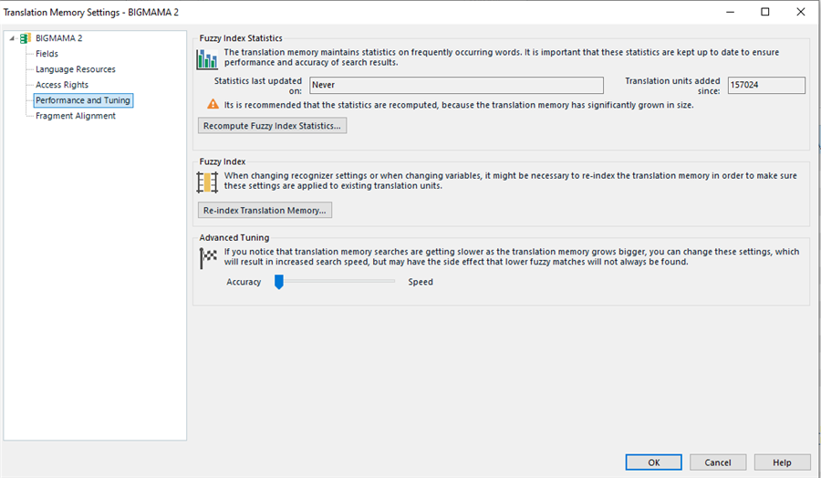 Trados Studio Translation Memory Settings window showing 'BIGMAMA 2' with options for Fuzzy Index Statistics, which have never been updated, and Advanced Tuning with a slider between Accuracy and Speed.