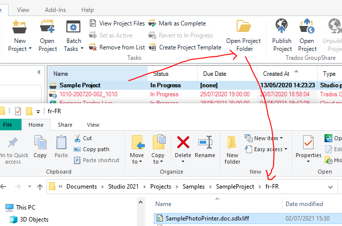 Trados Studio interface showing the 'Open Project Folder' option highlighted with a red arrow pointing towards it, and a file explorer window with 'SampleProject' folder open and 'SamplePhotoPrinter.doc.sdlxliff' file selected.