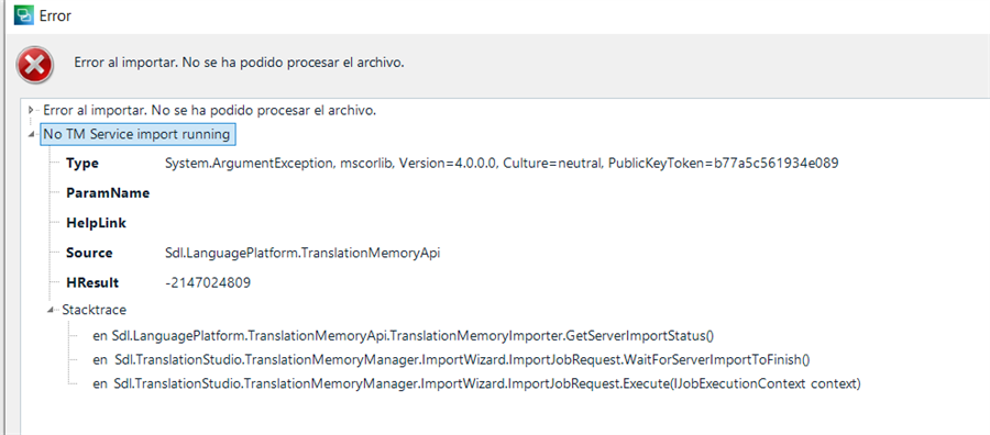 Error message in Trados Studio 2021 stating 'Error al importar. No se ha podido procesar el archivo. No TM Service import running' with details of the system exception and stack trace information.