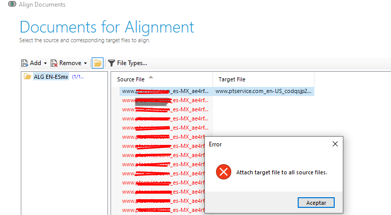 Trados Studio alignment error dialog box with message 'Attach target file to all source files' and an 'Accept' button. Source and target file columns are visible with multiple entries.