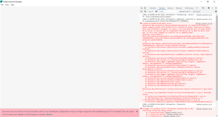 Screenshot of Trados Business Manager with an error message stating 'An error has occurred. Error log has been sent to our developers. Application may no longer respond until reloaded (press F5 to reload). You can press F12 to view error details in the browser's console. Reload'.
