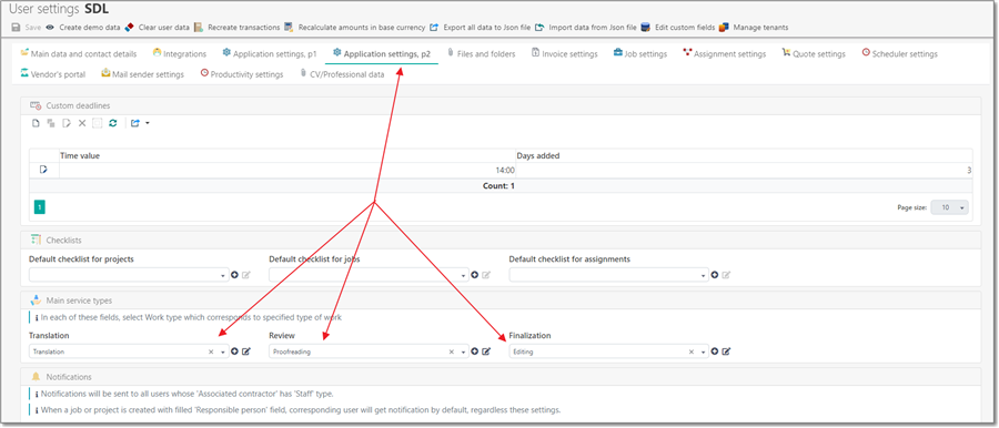 Screenshot of Trados Studio User Settings showing error in 'Main service types' with red arrows pointing to 'Translation', 'Review', 'Proofreading', and 'Editing' indicating these fields were not tracked.