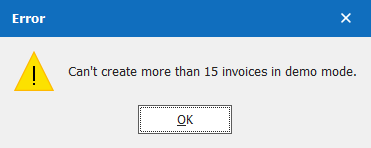 Error message in Trados Studio stating 'Can't create more than 15 invoices in demo mode' with an exclamation mark icon and an OK button.