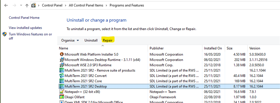 Control Panel window showing Programs and Features with 'Repair' option highlighted for MultiTerm 2021 SR2 Desktop.