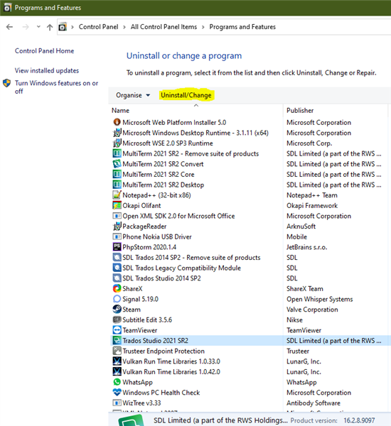 Control Panel window showing Programs and Features with 'UninstallChange' option highlighted for SDL Trados Studio 2021 SR2.
