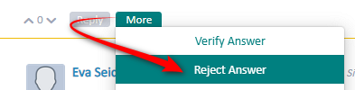 Screenshot of a dropdown menu in Trados Studio with options 'Verify Answer' and 'Reject Answer', with a red arrow pointing to 'Reject Answer'.