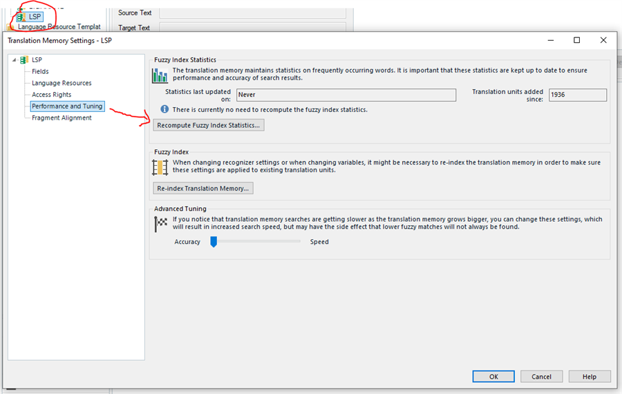 Trados Studio Translation Memory Settings window showing Fuzzy Index Statistics with a message 'There is currently no need to recompute the fuzzy index statistics.' and 1936 translation units added since last update.