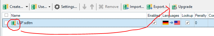 Trados Studio Translation Memory settings with an upgrade button circled in red.
