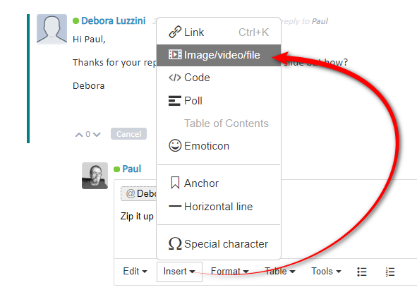 Email interface with a message from Debora Luzzini to Paul, instructing to zip a file and attach it. A cursor hovers over the 'Imagevideofile' attachment option.