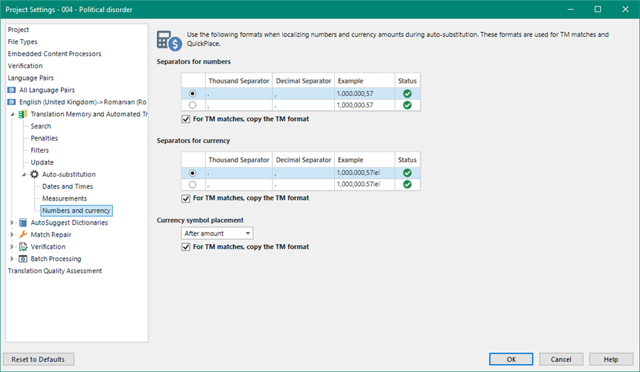 Trados Studio Project Settings window showing 'Numbers and currency' settings for English (United Kingdom) to Romanian language pair with options for separators and currency symbol placement.