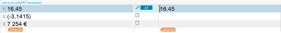 Screenshot of Trados Studio showing a segment with the number 16.45 having an AT status in the pretranslation from a clean Translation Memory.