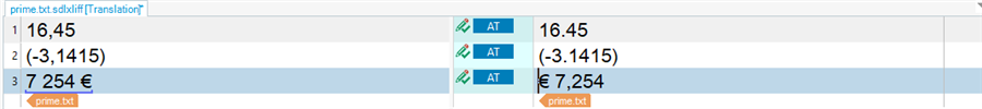 Screenshot of Trados Studio displaying three segments with numbers 16.45, -3.1415, and 7 254  , all with AT status after pretranslation.