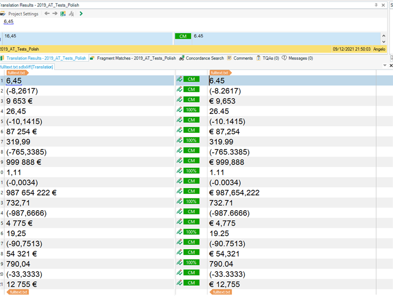 Screenshot of Trados Studio with a list of segments showing numbers and currency, all correctly matched with CM status indicating successful translation memory matches.