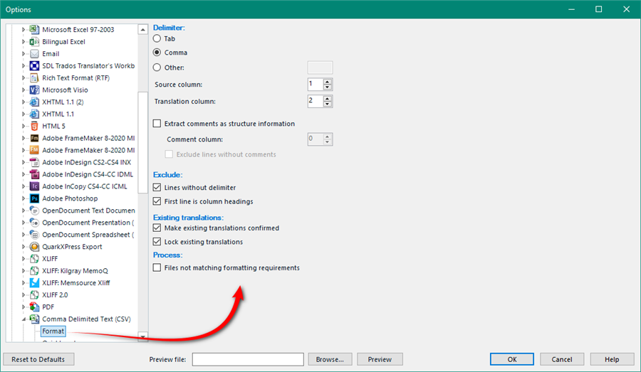 Trados Studio options menu with file types listed on the left. Comma Delimited Text (CSV) format selected with settings on the right, including Delimiter, Source column, Translation column, and Process options. Red arrow pointing to 'Files not matching formatting requirements' checkbox.