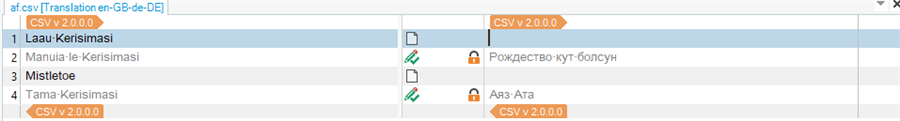 Trados Studio translation grid with four rows displaying source text in the left column and target text in the right column. Rows labeled 1 and 4 have green checkmarks indicating confirmed translations. Row 2 is unchecked and row 3 has a lock icon.