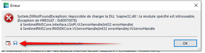 Error dialog box in Trados Studio showing 'System.DllNotFoundException: Impossible de charger la DLL 'lsapiw32.dll': Le module specifie est introuvable. (Exception de HRESULT: 0x8007007E)' with an 'OK' button.