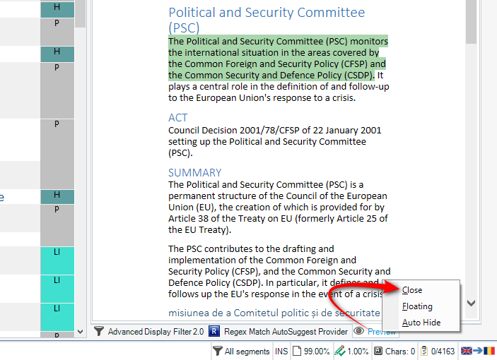 Trados Studio screenshot showing a document with highlighted text under 'Political and Security Committee (PSC)' section. A right-click context menu is open with options 'Close', 'Floating', and 'Auto Hide'.