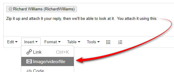 Screenshot showing a message from Richard Williams instructing to zip and attach a file using the 'Imagevideofile' option in the toolbar.