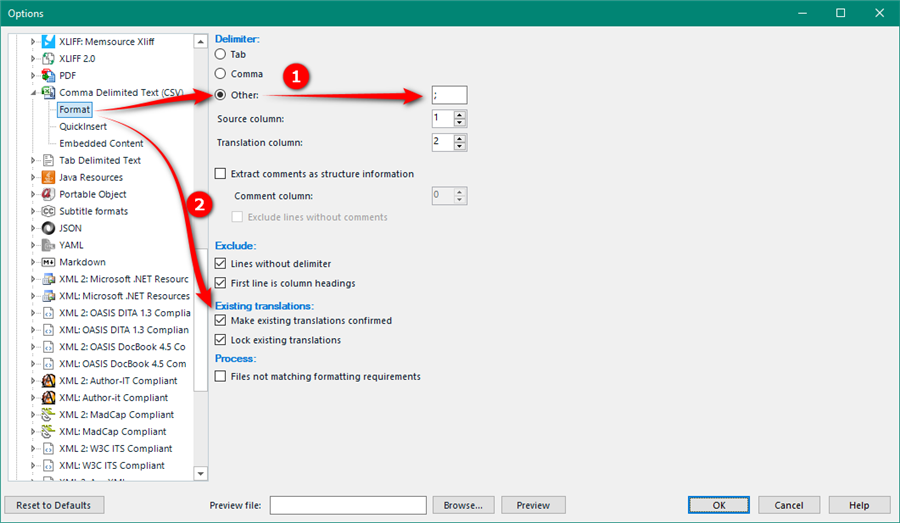 Trados Studio options menu showing CSV Delimited Text settings with the delimiter set to comma and an option to lock existing translations.