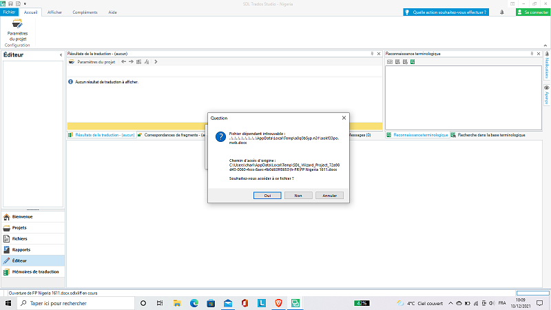 Error message in Trados Studio 2019 displaying 'An error occurred while opening the project: Object reference not set to an instance of an object.' with options to Retry, Ignore, or Abort.