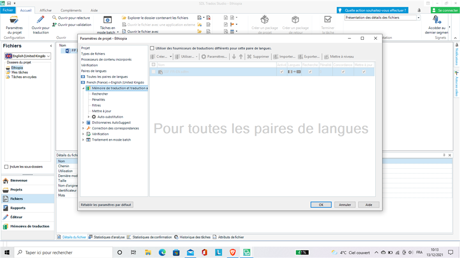 Trados Studio project settings showing 'All language pairs' selected with machine translation options visible.